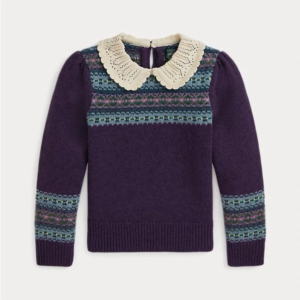 Ralph Lauren Purple Fair Isle Sweater with Cream Lace Collar